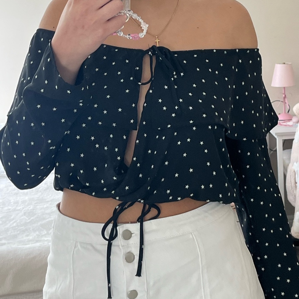 Black and White Long Sleeve Crop Blouse with Tie Front